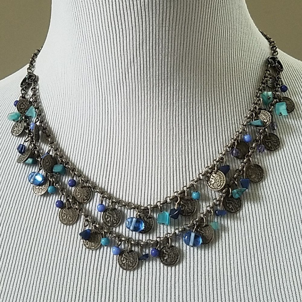 Small coin necklace blue stones w/ earrings